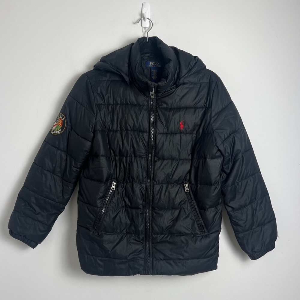 Polo‎ Ralph Lauren Boys Size M(10-12) Black Detachable Hood Puffer Patch Coat